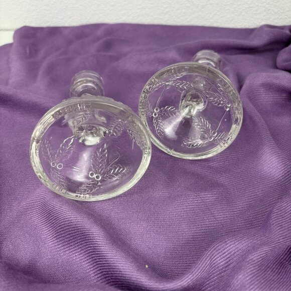 Vintage Pair Glass Taper Candle Holders Trumpet Bugle Shaped Floral Etched - Picture 2 of 5